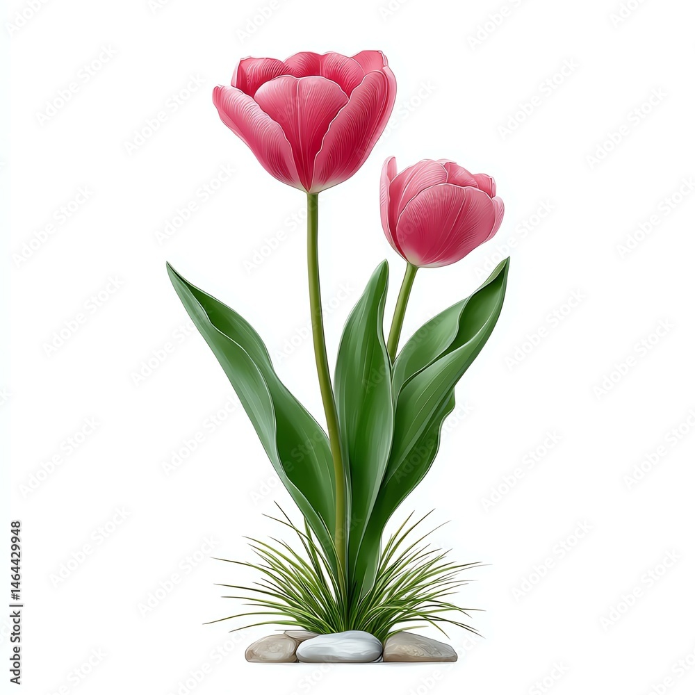 Fototapeta premium stained glass Pink tulips with green leaves and stones