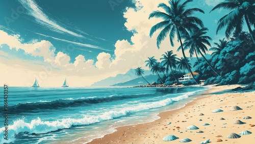 A serene tropical beach paradise with turquoise water, swaying palm trees, and a clear summer sky beckons travelers to relax on its sandy coast