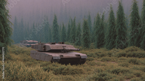 Modern Tank in a Misty Forest Landscape photo