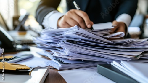 Person working with a stack of documents