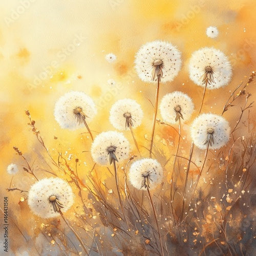 Watercolor illustration of dandelions in a field, showcasing fluffy seed heads against a warm golden background