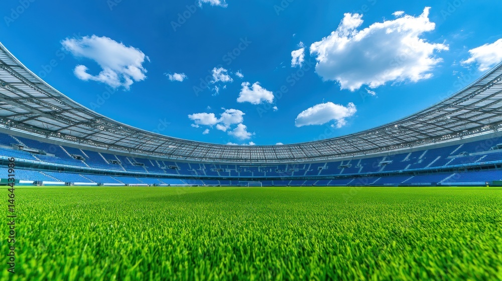 Fototapeta premium Empty stadium green field blue seats bright sunny day