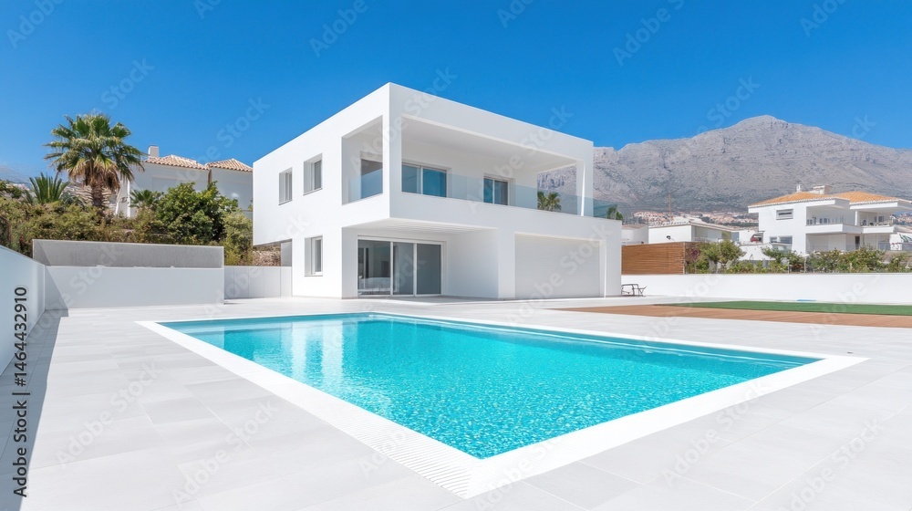 Fototapeta premium Modern white house with pool and mountain view architectural photography