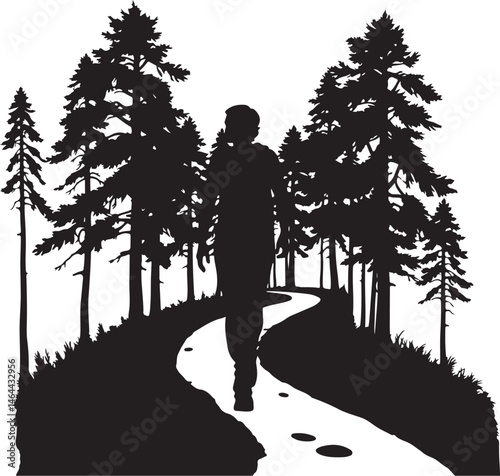 Backpacker Hiking on Mountain Peak | Explorer Vector Clipart | Black and White SVG