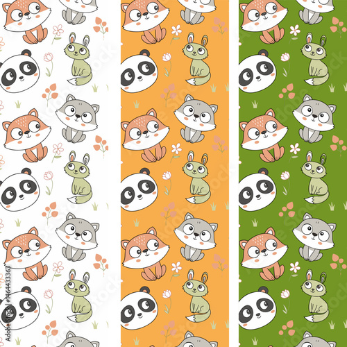 Cute watercolor colorful animals seamless pattern background with hand drawn doodle vector green frog, orange fox, panda, brown teddy bear, grey kitten, pink bunny