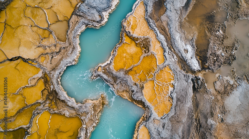 Fototapeta premium Aerial View of Turquoise and Yellow Thermal Pools