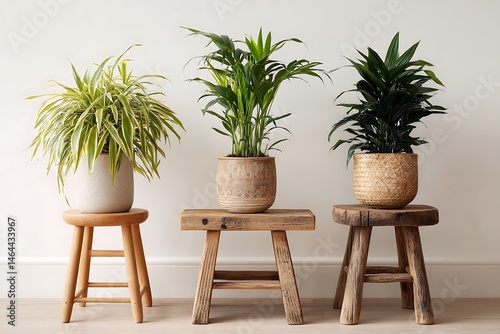 Set of indoor plants in pots on a wooden stool, isolated on a white background