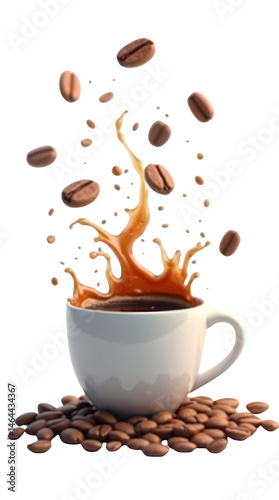 3D illustration of coffee beans splashing into a white cup on saucer, isolated on transparent background