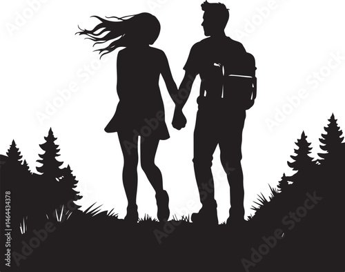Backpacker Hiking on Mountain Peak | Explorer Vector Clipart | Black and White SVG