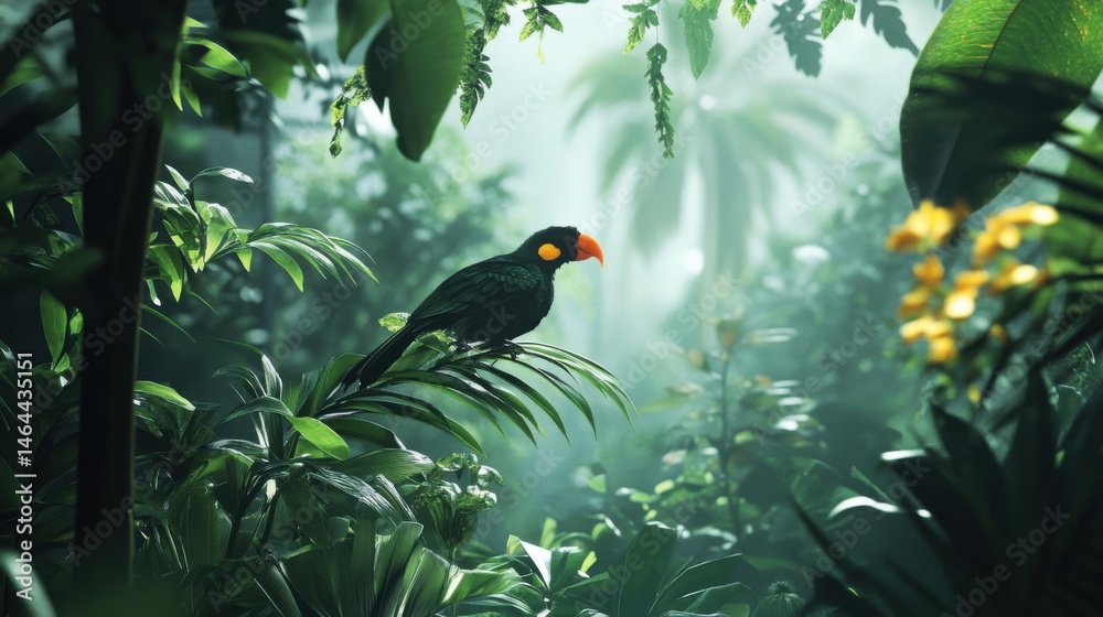Fototapeta premium A black bird with an orange beak perched on a green leaf in a lush tropical rainforest setting