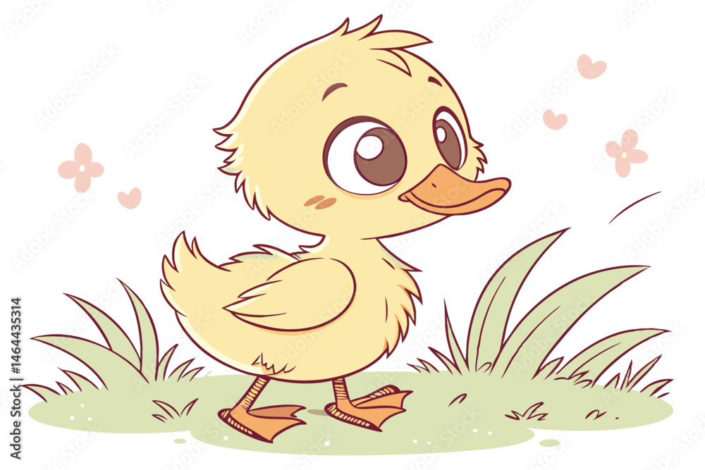 Fototapeta premium 92 Cute cartoon duckling, fluffy yellow feathers, big expressive eyes, orange beak and feet, cheerful expression, standing on grass, soft pastel colors, children's book illustration style, digital art