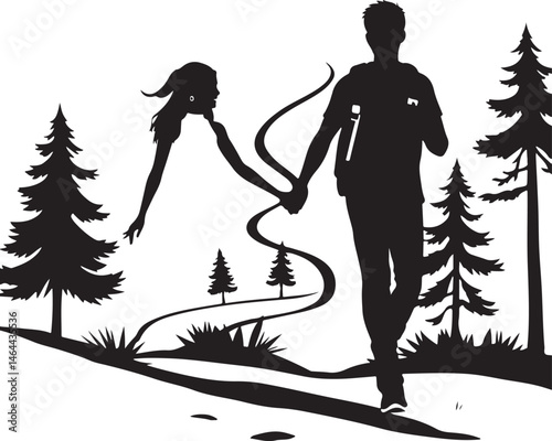 Hiking Adventure Silhouette | Mountain Climber Vector Art | Outdoor Trekking Scene
