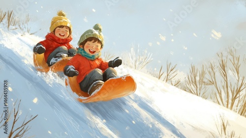 Two children joyfully sledding down a snowy hill on orange sleds in a winter scene illustration