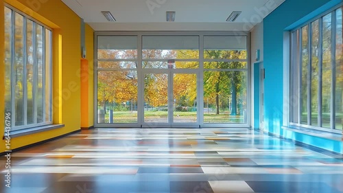 Bright Sunny Hallway with Geometric Floor Tiles and Colorful Walls with Yellow Blue and Orange Paint During Daytime Featuring a View of Autumn Trees Outside