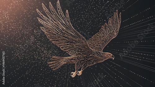 Abstract line art illustration of an eagle in flight, surrounded by radiating golden lines on a dark, star-speckled background, conveying power and freedom photo