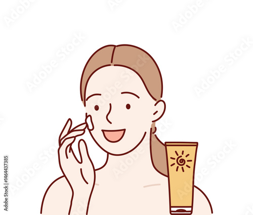 Woman applying sunscreen cream with SPF 50 on her face, skin protection from the sun. vector illustration