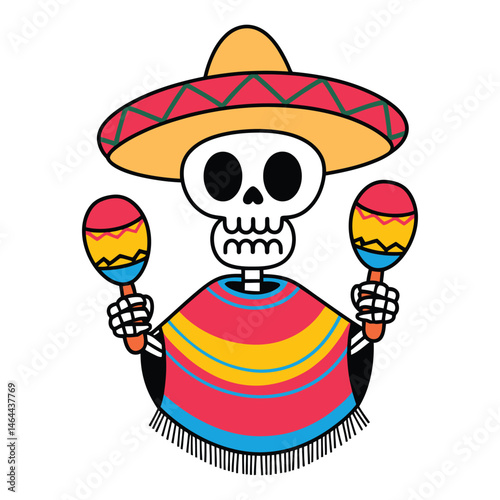 Colorful Mexican Skeleton with Sombrero and Maracas Illustration