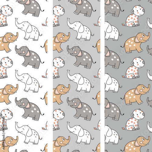 Design patterns with cute cartoon animal ornaments of dogs, elephants and cows 