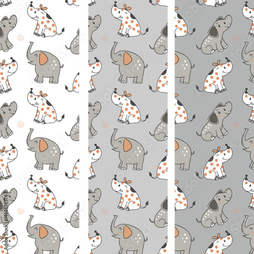Design patterns with cute cartoon animal ornaments of dogs, elephants and cows 