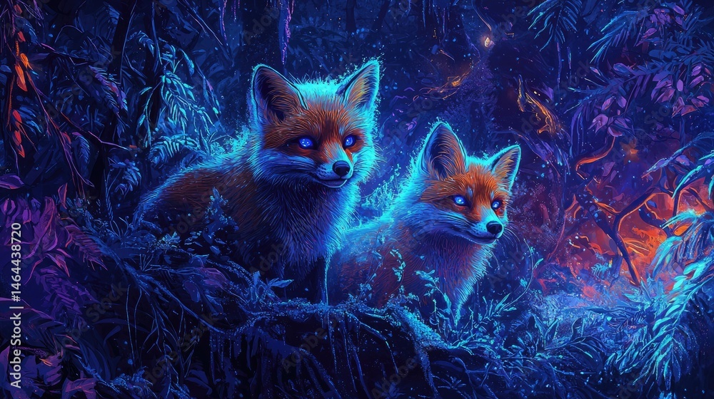 Obraz premium Two luminous forest foxes in a vibrant night scene.