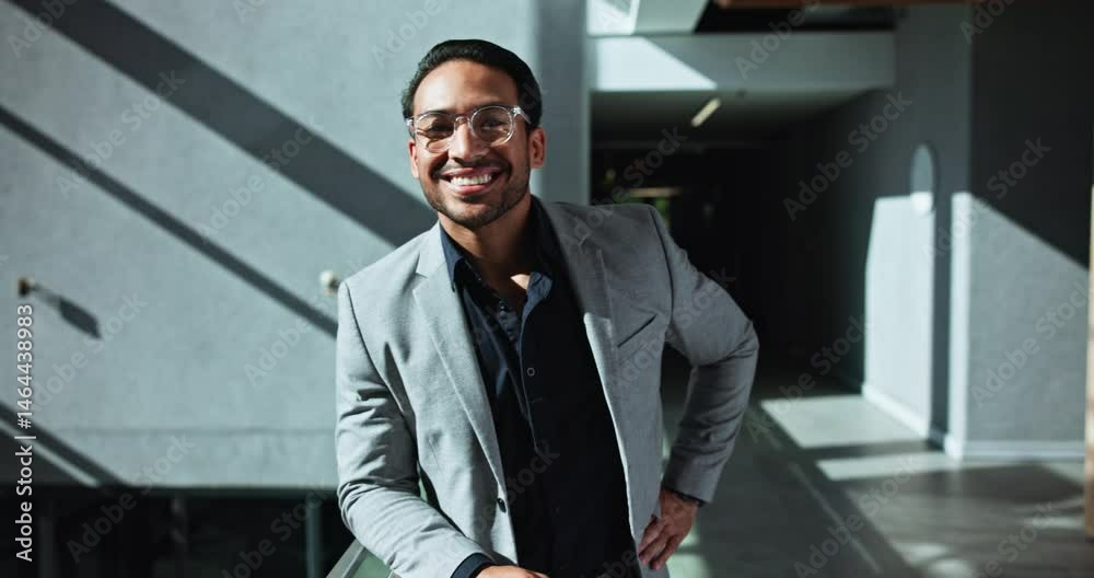Balcony, employee and man with smile, face and pride for market expansion, sales manager and confident. Business, happy and Asian person with glasses, outdoor and ambitious for career growth in Japan