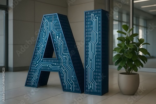Artificial intelligence logo depicted with binary code and circuitry near a potted plant symbolizing technology and nature harmony