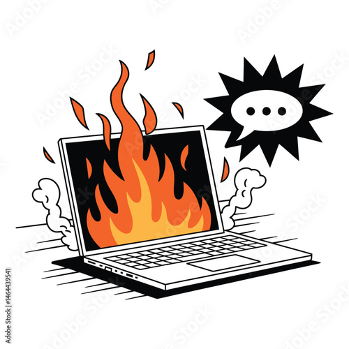 Burning Laptop Cartoon with Flames and Smoke Illustration