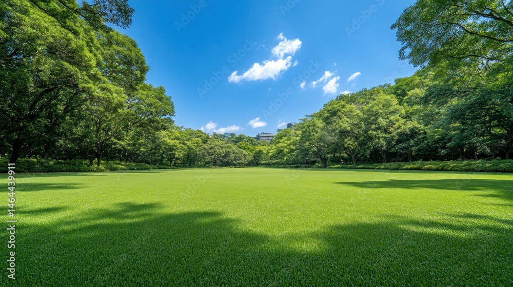 Obraz premium Vast green lawn with lush trees under blue sky summer nature landscape