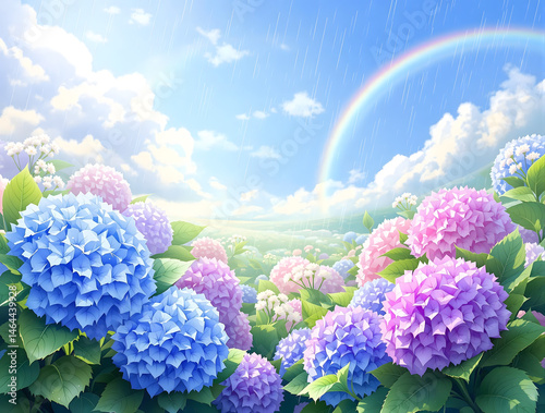 雨の残る青空と虹をバックに青からピンクの紫陽花の花々
