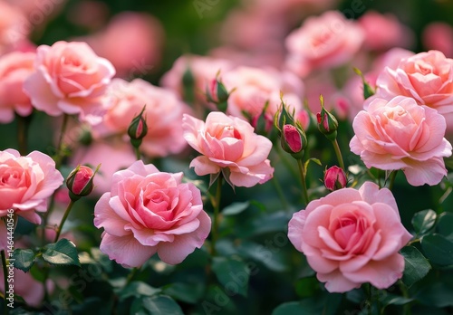 Beautiful Pink Roses Blooming in a Garden with Delicate Petals and Soft Green Foliage, Capturing the Essence of Nature's Splendor and Tranquility