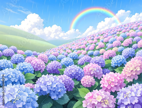 雨の残る青空と虹をバックにカラフルな紫陽花の花々
