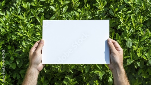 Blank white paper held against green foliage