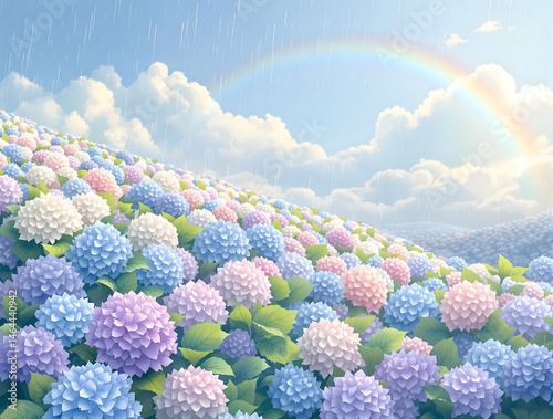 雨の残る青空と虹をバックにカラフルな淡い色の紫陽花の花々