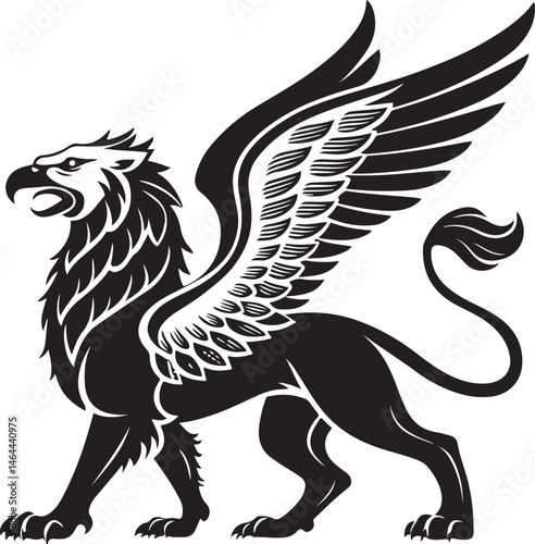 Griffin, Fairy Tale Character, Fantasy Creature, Black and White Vector Illustration, Sketch Drawing Line Linear Symbol Icon Engraving, Hand-drawn Isolated