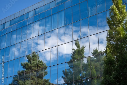 Glass building reflecting blue sky with clouds and trees in its windows on a sunny day outdoors view