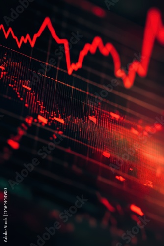 Stock market decline with red graph line on financial charts, economic crisis visualization, investment loss analysis, trading downturn, bearish trend in finance.