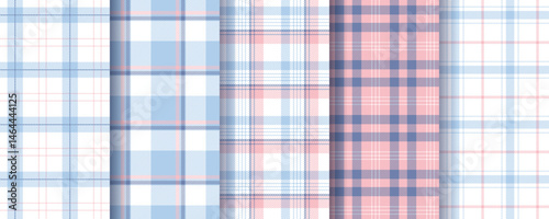 Check background. Plaid seamless pattern. Set gingham prints. Tartan shirt cloth. Blue pink flannel textures. Geometric checkered backdrops. Lumberjack tablecloth. Vichy fabric. Vector illustration