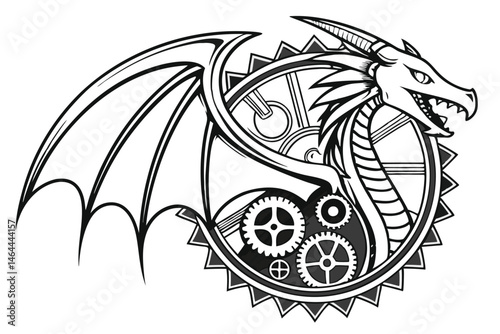 95 Steampunk dragon emblem, intricate metallic design, gears and cogs, circular frame, silver and chrome finish, detailed mechanical components, fantasy creature, industrial aesthetic, monochromatic a