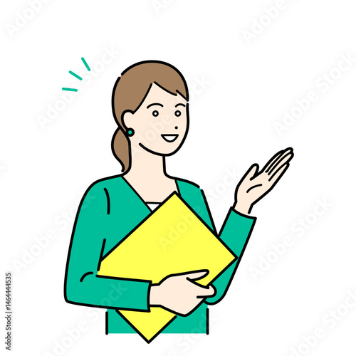 バインダーを抱えて説明するビジネススーツの女性のシンプルな上半身ベクターイラストセット