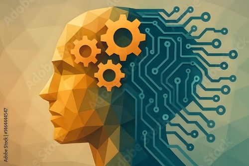 Conceptual depiction of artificial intelligence showcasing brainpower integrated with advanced technology and gear mechanism, futuristic and innovative concept.