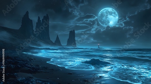 A dramatic nighttime scene of a lighthouse standing on a rocky coast under a full moon, with turbulent blue waves crashing against the shore and dark, cloudy skies