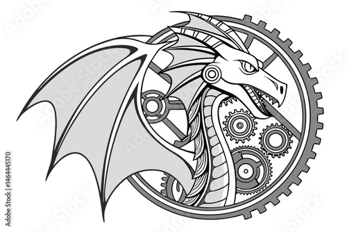 95 Steampunk dragon emblem, intricate metallic design, gears and cogs, circular frame, silver and chrome finish, detailed mechanical components, fantasy creature, industrial aesthetic, monochromatic a