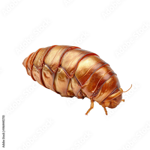 A striking close-up reveals a shimme, golden pill bug, its segmented armor catching the light against a stark white background in exquisite detail and clarity. photo