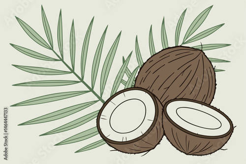 96 tropical coconuts, palm leaves, photorealistic, high detail, soft lighting, light green background, product photography, fresh and vibrant, symmetrical composition, organic textures, 3D rendering, 