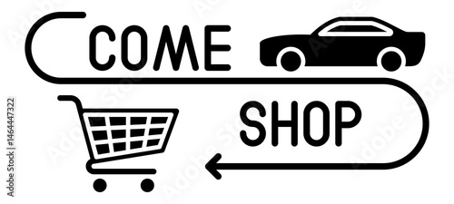 Come Shop Retail Shopping Invitation - Call To Action - CTA - Label, Banner, Flyer, Vector Design Glyph Black Fill Silhouette