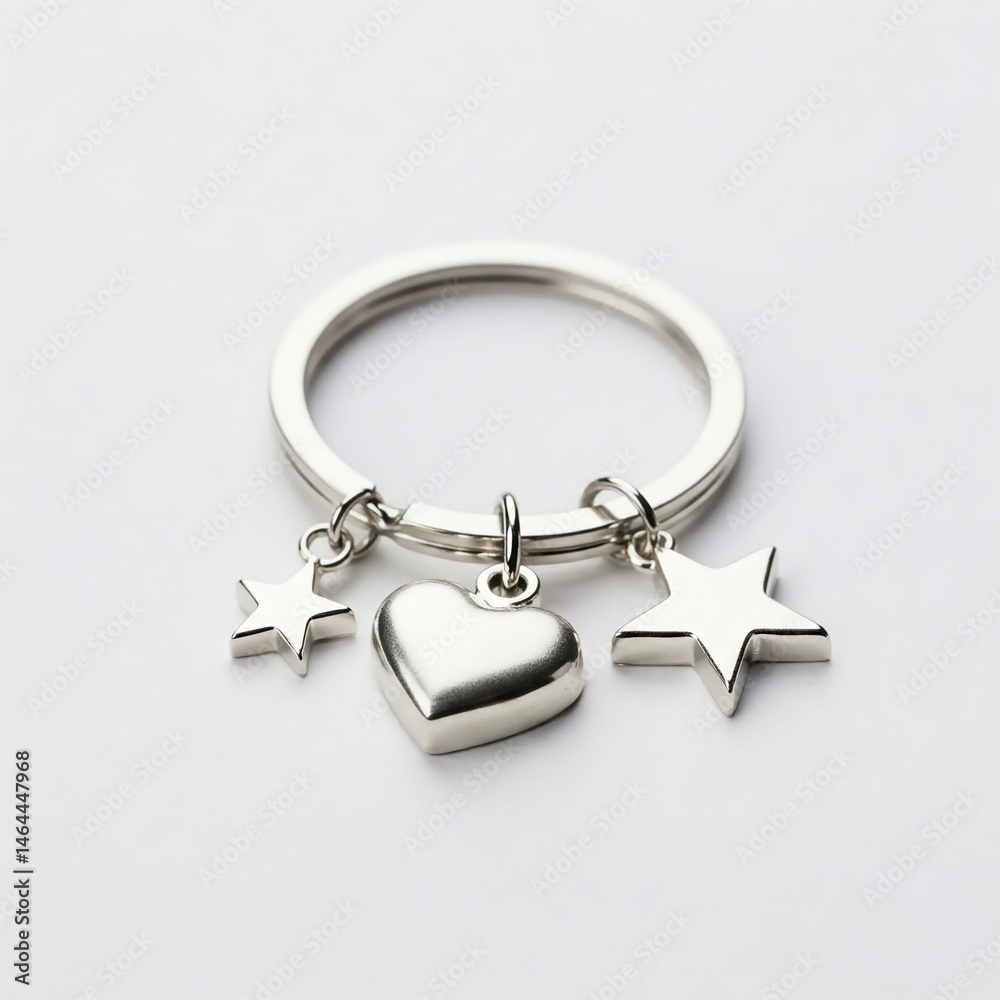 Close-up of a minimalist silver keychain with 3D heart and star charms on a clean white background, perfect for banners and elegant product showcases. Close-up of a minimalist silver keychain with 3D heart and star charms on a clean white background, perfect for banners and elegant product showcases.