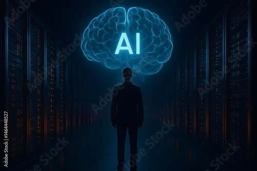 Futuristic ai concept representing artificial intelligence and data processing with man standing in server room beneath glowing brain