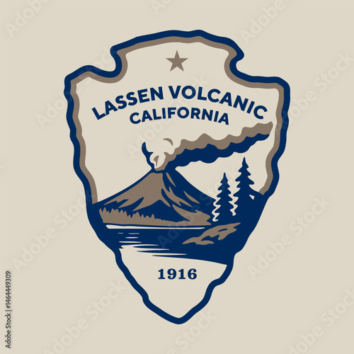 Emblem patch logo illustration of Lassen Volcanic National Park, California, USA.
