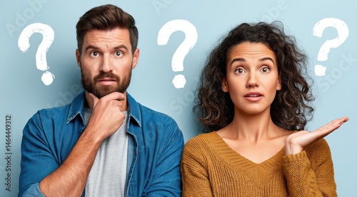 A confused man and woman standing next to each other, looking at the camera with question marks above their heads on a light blue background.