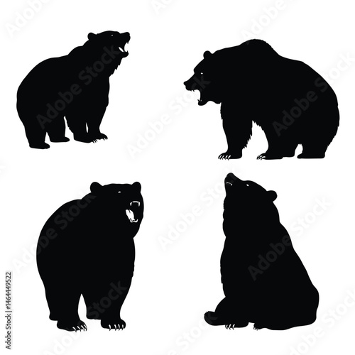 Bear silhouette vector collection on a white background. Beautiful big bear roaring on the wildlife silhouette set design. Carnivore bear standing and sitting, black and white silhouette vector bundle